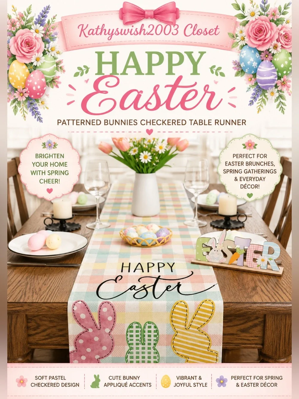 Happy Easter Patterned Bunnies Checkered Table Runner